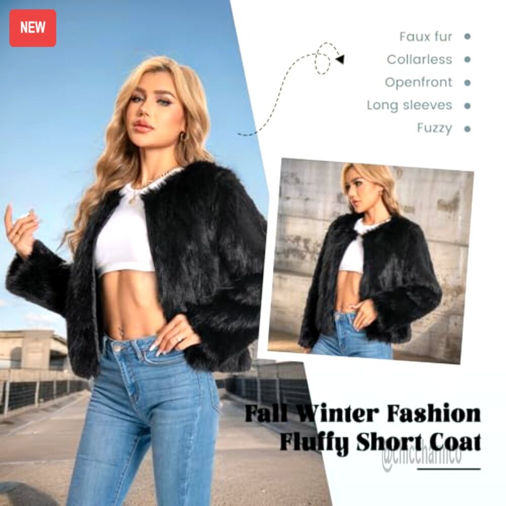 Faux Fur Coat Cropped Fuzzy Winter Jacket Long Sleeve Pockets Y2K Chic - Picture 4 of 7